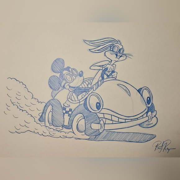 Warner Bros. Other - Disney Amblin WB Mickey Bugs Benny the Cab Roger Rabbit Drawing/Sketch signed